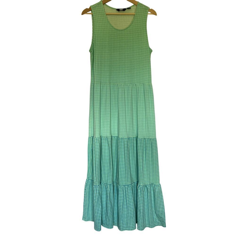 Lands' End green white checkered sleeveless maxi dress women's M cottagecore